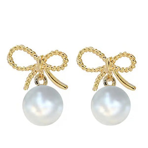 Gold Bow Pearl Drop Earrings