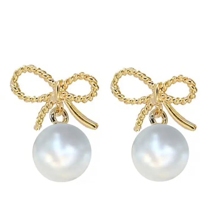 Gold Bow Pearl Drop Earrings
